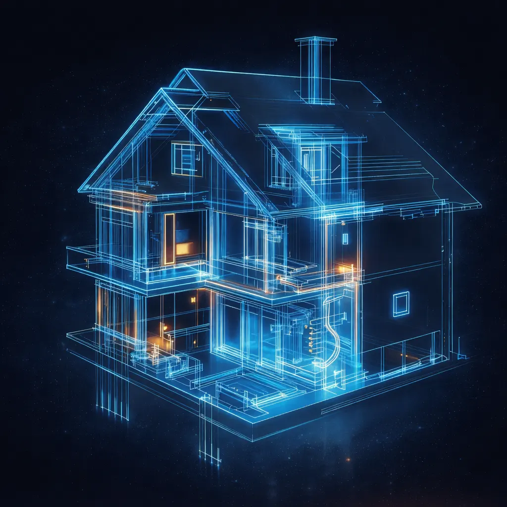 Zilā wireframe mājas ilustrācija ar elektroinstalācijas shēmu un elektrotehniskajiem mērījumiem