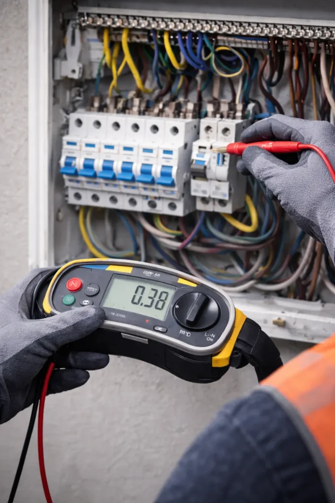 Elektrotehniskie mērījumi sadalnē ar multimetru, pārbaudot elektroinstalācijas drošību